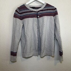 Talbots Women Medium Nordic Fair Isle Birdseye Button Up Sweater Lambswool Blend